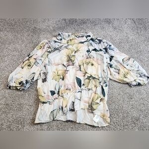 T TAHARI Floral Print Ruffle Neck Peplum Crop Top  Women's Size Large